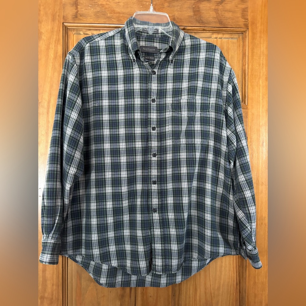 Van Heusen Men's Green and Blue Plaid Flannel Shirt